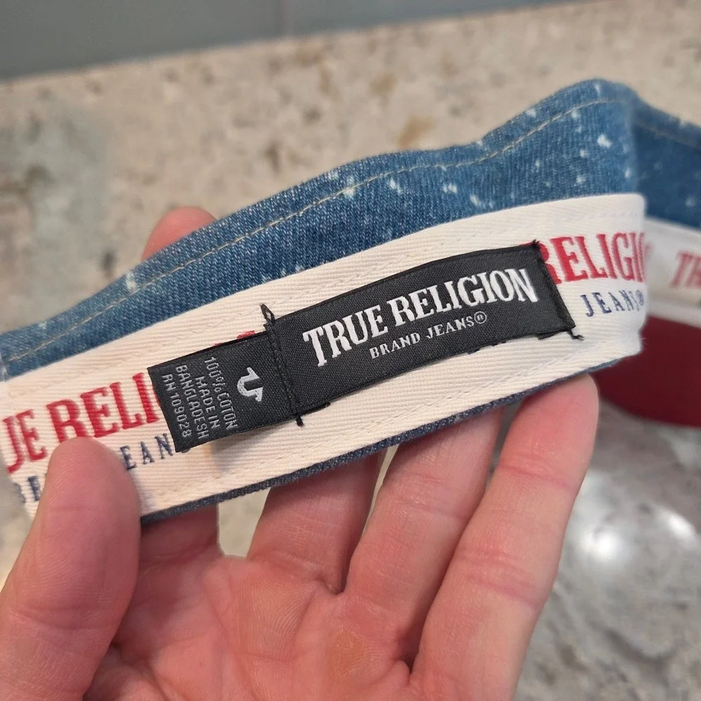 True Religion Denim Visor Blue Paint Splatter Red Horseshoe‎ Logo Adjustable Hat